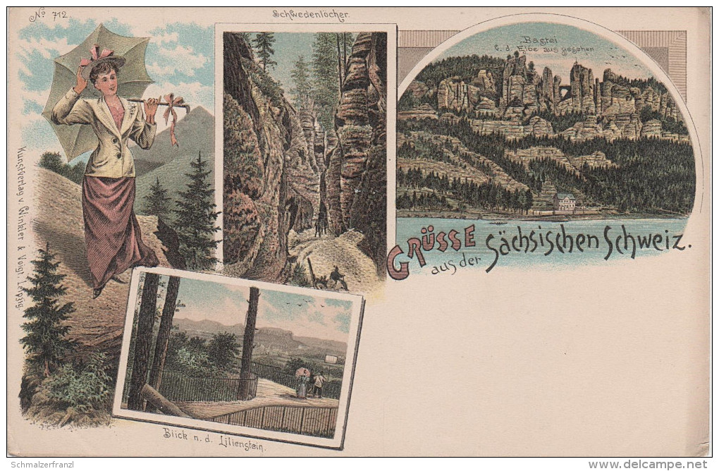 Litho AK Grüsse Sächsische Schweiz Bastei Schwedenlöcher Bei Rathen Wehlen Rathewalde Uttewalde Hohnstein Lohmen Pirna - Bastei (sächs. Schweiz)