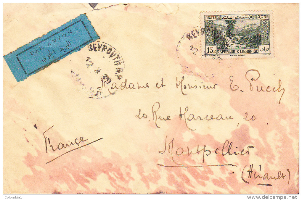 GRAND LIBAN Lettre De BEYROUTH Du 12 Octobre 1935 Via MONTPELLIER (par Avion En Arabe) - Cartas & Documentos
