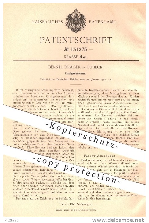 Original Patent - Bernh. Dräger In Lübeck , 1901 , Knallgasbrenner , Gasbrenner , Gas , Gase , Brenner !!! - Historische Dokumente