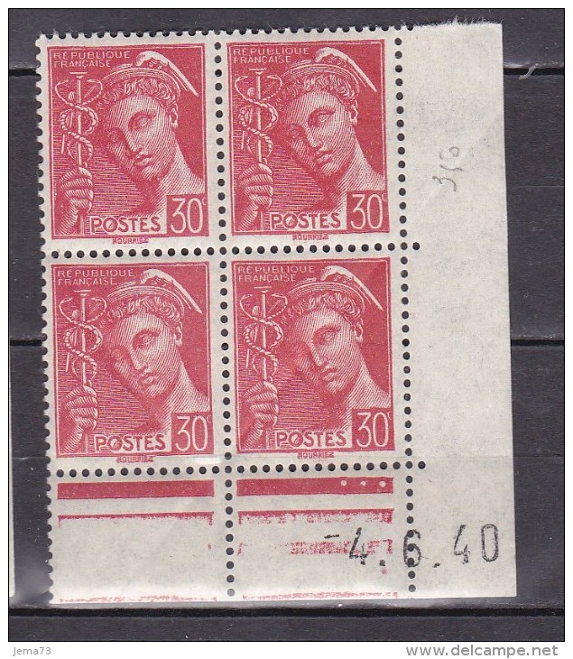 N° 412 Type Mercure 30c Rouge : Bloc De 4 Timbres Coins Datés 4.6.40 Timbres Neuf Sans Charnière - 1930-1939