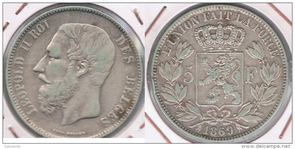 BELGICA 5 FRANCS 1869 PLATA SILVER Y - 5 Francs