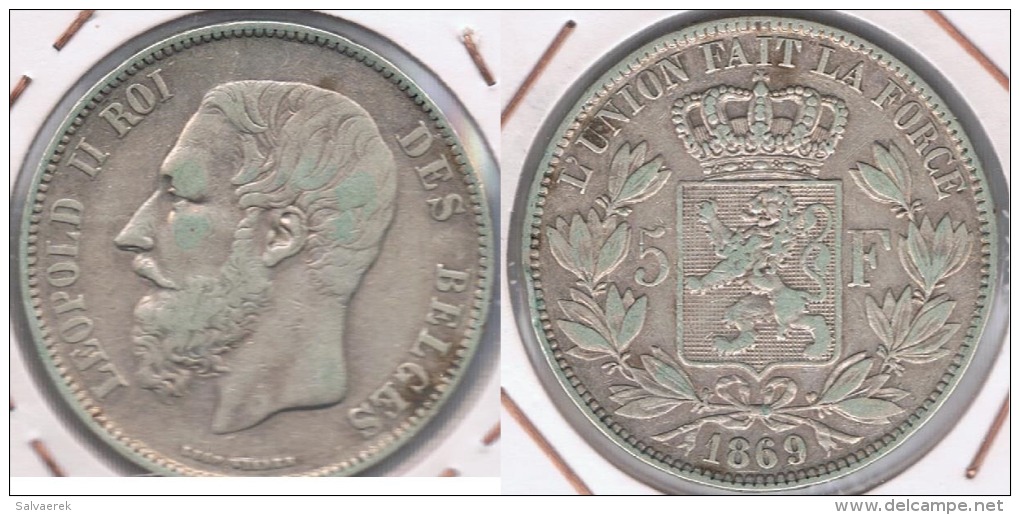 BELGICA 5 FRANCS 1869 PLATA SILVER Y - 5 Frank