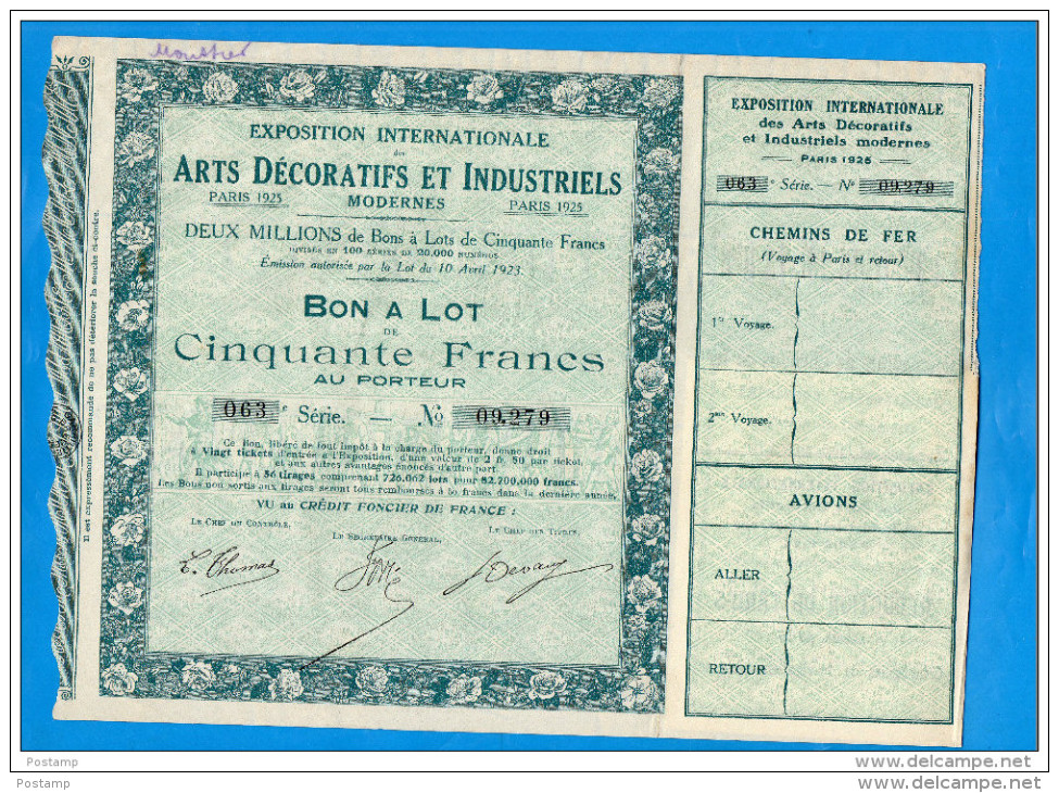 ACTION-bon à Lot De Cinquante Francs -exposition Internationale -paris 1925-Arts Décoratifs - Industry