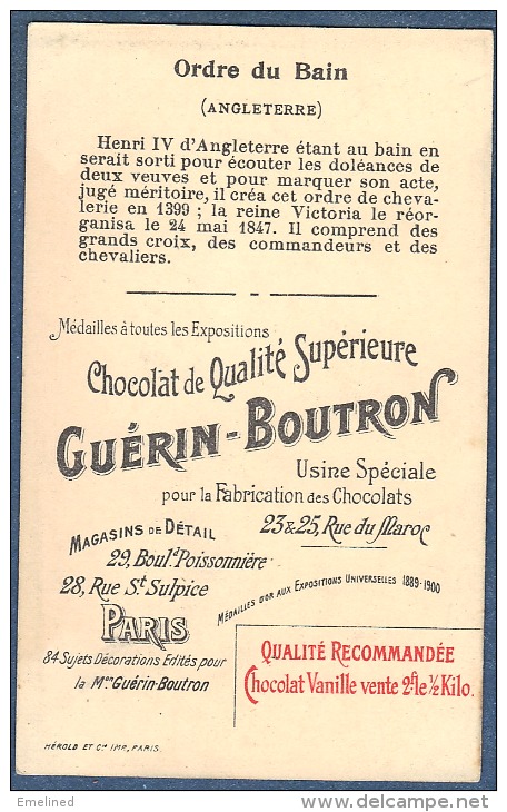 Chromo Chocolat Guerin-Boutron Décorations Françaises Et étrangères Ordre Du Bain Angleterre Henri Iv Reine Victoria - Guérin-Boutron