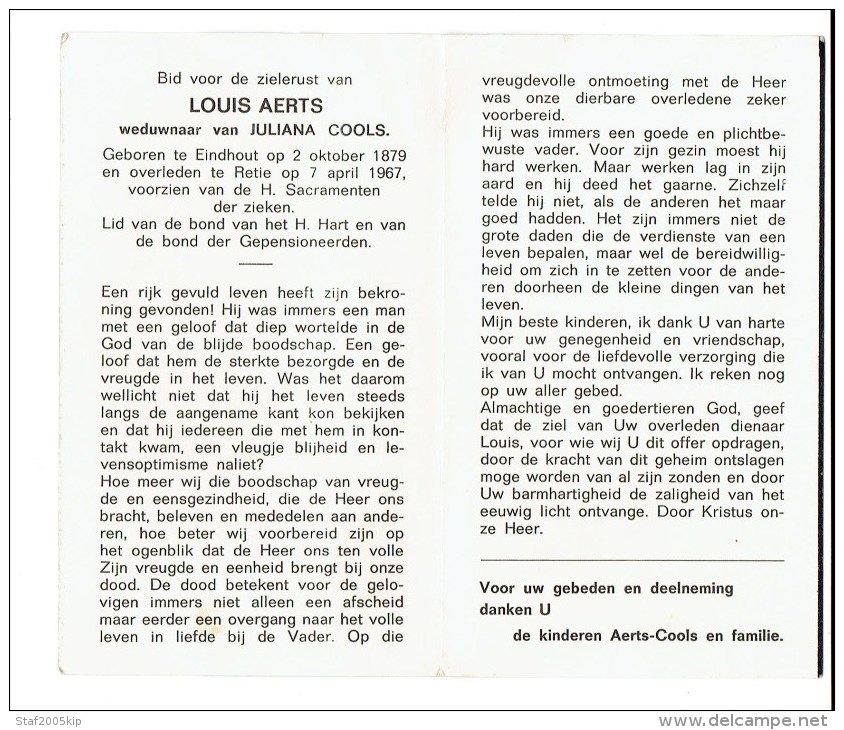 Bidprentje - LOUIS AERTS - Eindhout 1879 - Retie 1967 - Religion & Esotérisme