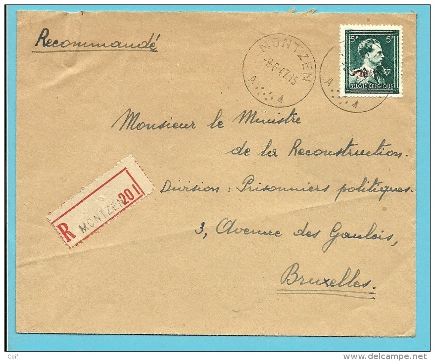 724T (-10%) Op Brief Aangetekend Met Stempel MONTZEN (Oostkantons) (cantons De L´Est) - 1946 -10%