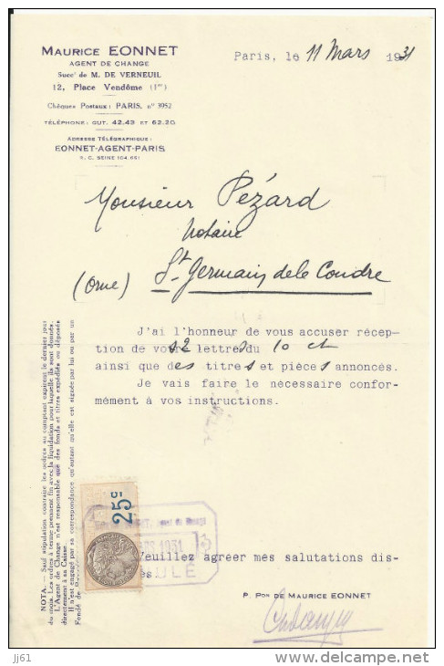 PARIS MAURICE EONNET AGENT DE CHANGE SUCCESSEUR DE M DE VERNEUIL LETTRE ENTETE ANNEE 1931 TIMBRE ET CACHET - Other & Unclassified