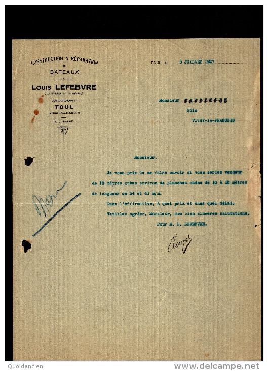 Entête  05/07/1927 - TOUL Vers VITRY Le François - Construction & Réparation De Bateaux - 1900 – 1949