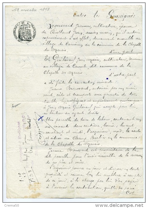 Manuscrit Acte De Notaire D' Herbignac: 12 Novembre 1898 - Village De Camert: La Chapelle Des Marais - Manuscritos