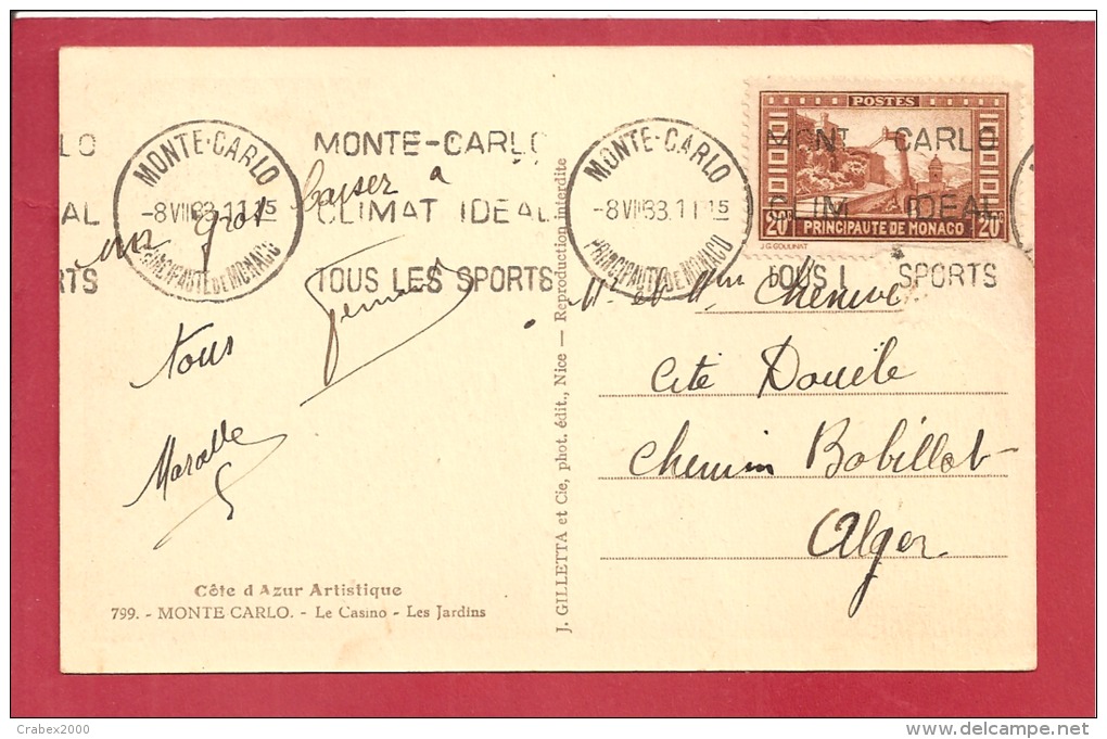 Y &T N° 120    MONTE CARLO Vers  ALGERIE    1933 2 SCANS - Lettres & Documents