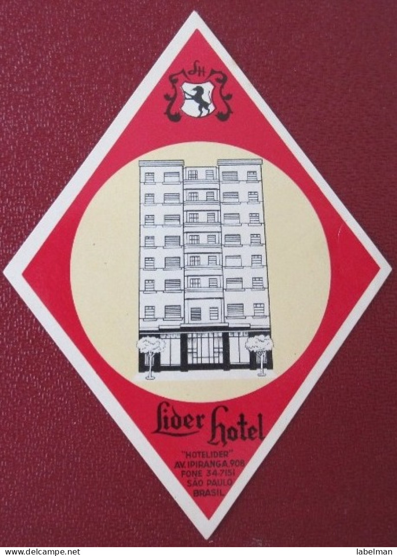 HOTEL MOTEL INN PENSION HOUSE LIDER TAG SAO PAULO BRAZIL BRASIL LUGGAGE LABEL ETIQUETTE KOFFER AUFKLEBER DECAL STICKER - Hotel Labels