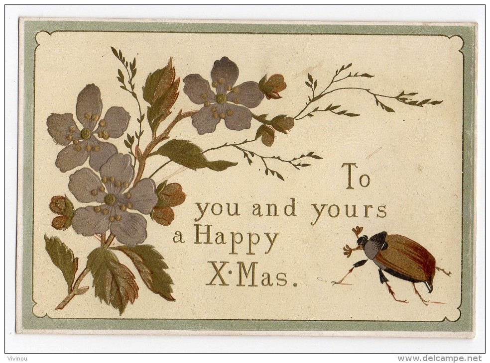 RARE Chromo Victorian Christmas Card Gaufrée Dorée Argentée Carte Voeux Fête Noël Hanneton Scarabée Insecte Fleur - Other & Unclassified