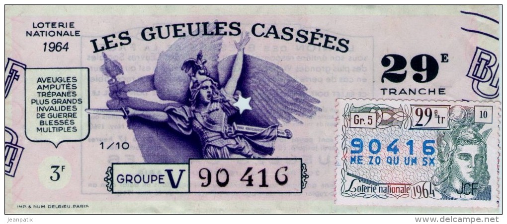 Billet De Loterie Nationale, Gueules Cassées , 1964, (timbre 1965  29ème Tranche) - Biglietti Della Lotteria