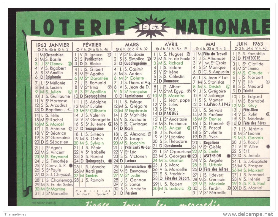 Calendrier 1963 LOTERIE NATIONALE (PPP0560H) - Petit Format : 1961-70