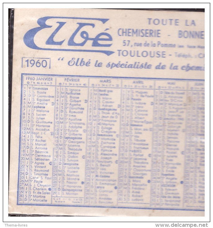 Calendrier 1960 ELBE (chemiserie, Toulouse) (PPP0560M) - Petit Format : 1941-60