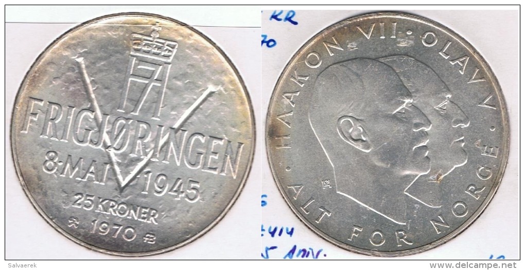 NORUEGA 25 KRONER CORONAS 1970 PLATA SILVER Y - Noruega