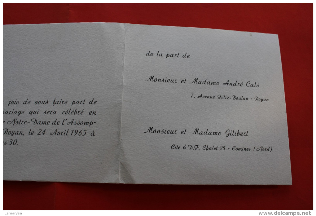 1965 FAIRE PART MARIAGE BENEDICTION NUPTIALE EGLISE N.D. DES ASSOMPTION  CALS/GILIBERT ROYAN C.M./ COMINES NORD - Boda