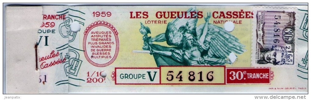 Billet De Loterie Nationale, Gueules Cassées , 1959, (timbre 1959  30ème Tranche) - Lottery Tickets