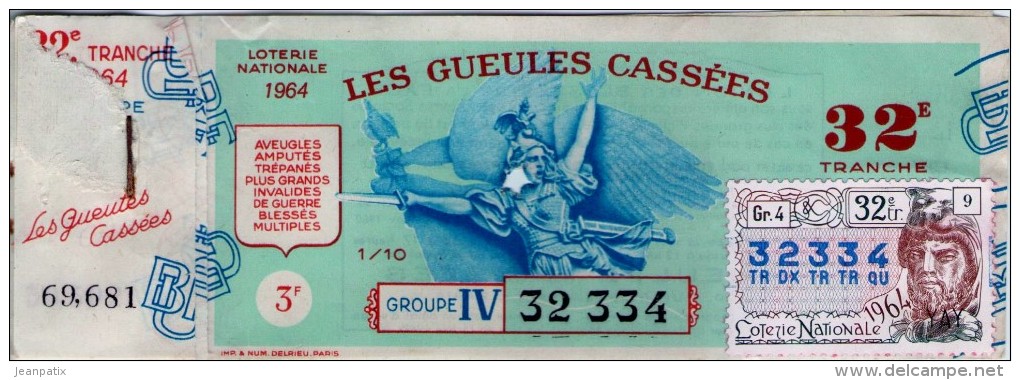 Billet De Loterie Nationale, Gueules Cassées , 1964, (timbre 1964  32ème Tranche) - Billetes De Lotería