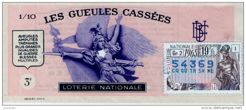 Billet De Loterie Nationale, Gueules Cassées , 1965, (timbre 1965  19ème Tranche) - Billetes De Lotería