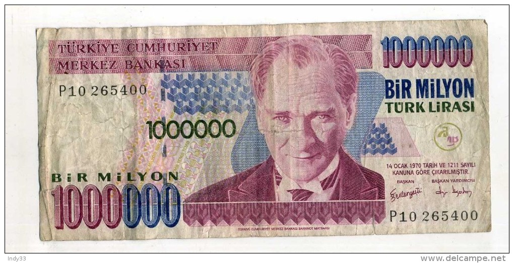 - TURQUIE  . BILLET   1000000 L. 1970 . - Turquie