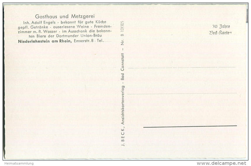 56112 Niederlahnstein - Gasthaus Und Metzgerei Inhaber Adolf Engels - Emserstrasse 8 - Lahnstein