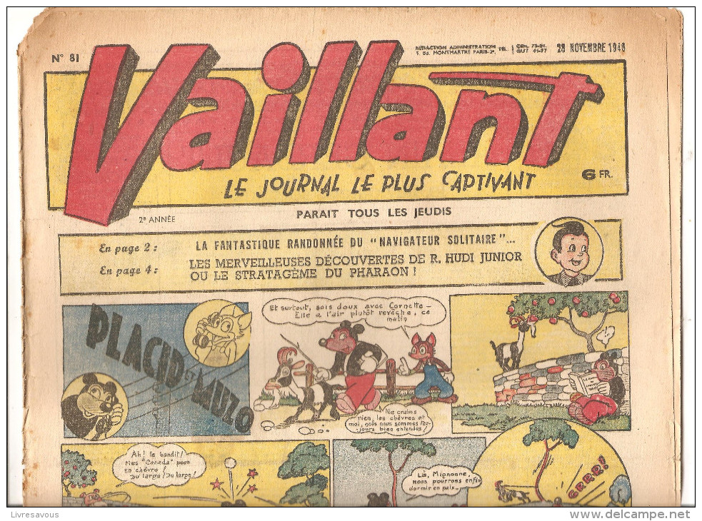 Vaillant N°81 Du 28 Novembre 1946 Le Journal Le Plus Captivant 2ème Année Hebdomadaire Placid Et Muzo - Vaillant