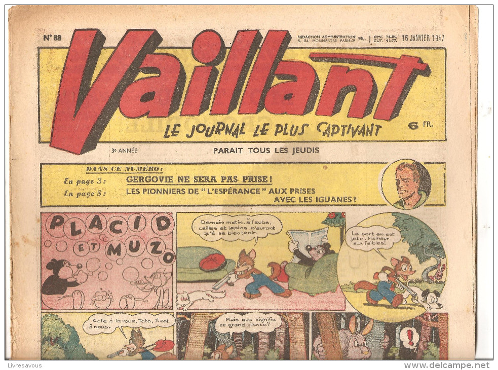 Vaillant N°88 Du 16 Janvier 1947 Le Journal Le Plus Captivant 3 ème Année Hebdomadaire Placid Et Muzo - Vaillant