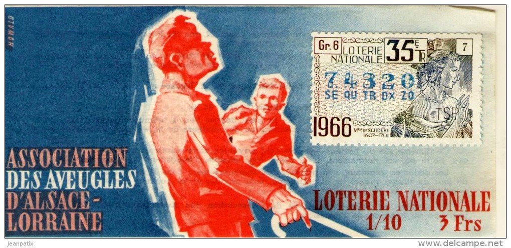 Billet De Loterie Nationale, Association Des Aveugles Alsace Lorraine, 1966,  (timbre 1966, 35ème Tranche) - Billets De Loterie