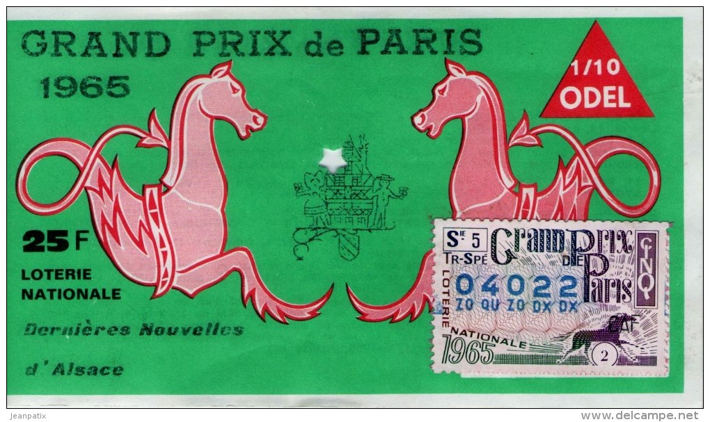 Billet De Loterie Nationale, Grand Prix De Paris, 1965,  Dernières Nouvelles D'Alsace - Lotterielose