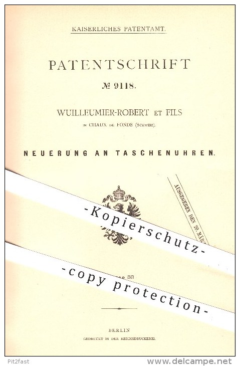 Original Patent - Wuilleumier-Robert Et Fils In Chaux De Fonds , Schweiz , 1879 , Taschenuhr , Uhr , Uhren , Uhrmacher ! - Documents Historiques