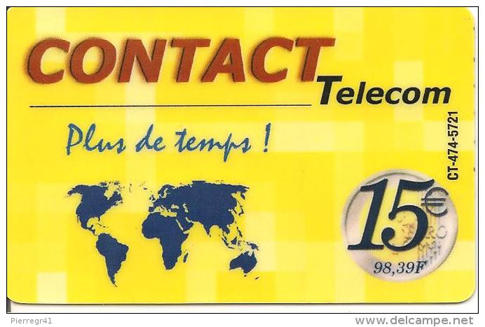 CARTE* PREPAYEE-DOM-TOM-CONTACT TELECOM-15€-PLUS De TEMPS-V° TEXTE Noir-Vert -Rouge-TBE-RARE - Autres & Non Classés