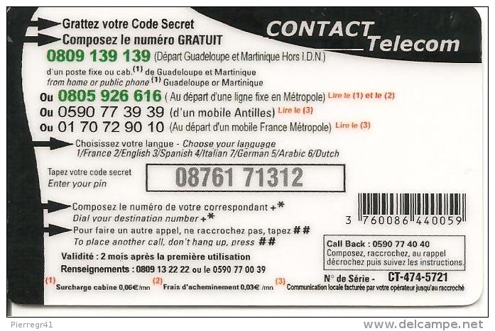 CARTE* PREPAYEE-DOM-TOM-CONTACT TELECOM-15€-PLUS De TEMPS-V° TEXTE Noir-Vert -Rouge-TBE-RARE - Autres & Non Classés