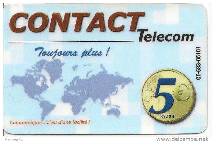 CARTE* PREPAYEE-DOM-TOM-CONTACT TELECOM-5€-PLUS De TEMPS-V° TEXTE Noir-Vert-Rouge-TBE-RARE - Autres & Non Classés