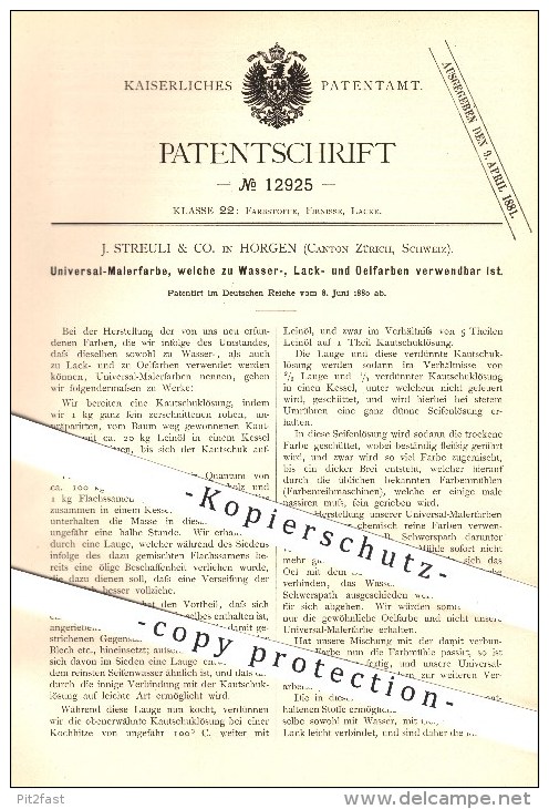 Original Patent - J. Streuli & Co. , Horgen , Zürich , Schweiz , 1880, Malerfarbe , Wasserfarbe , Lack , Ölfarbe , Maler - Documents Historiques