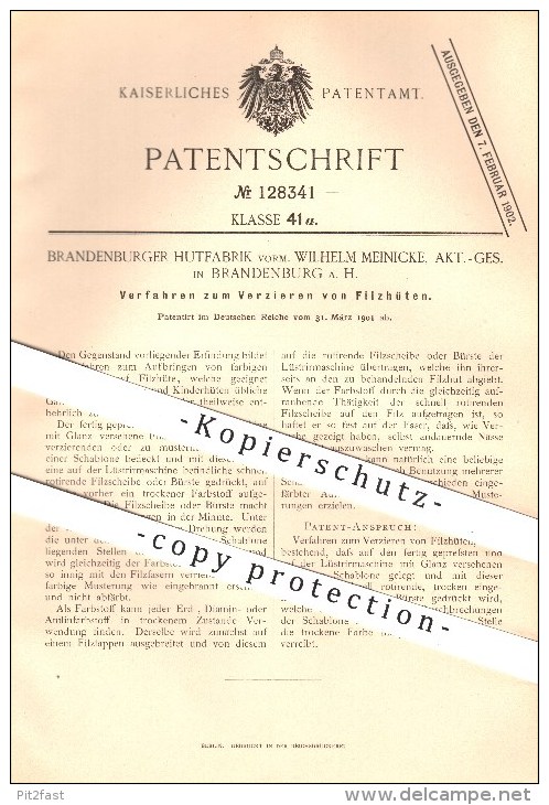 Original Patent - Brandenburger Hutfabrik , W. Meinicke , AG , Brandenburg , Havel , 1901, Filzhut , Hut , Hüte , Modist - Brandenburg