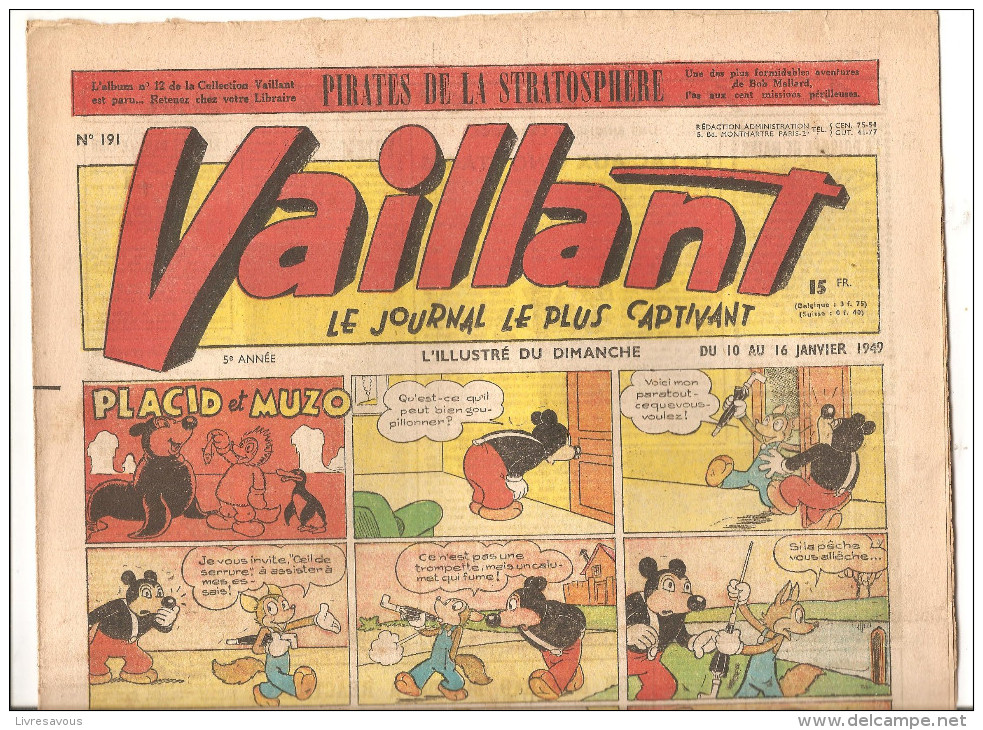 Vaillant N°191 Du 10/01/49 Au 16 Janvier 1949 Le Journal Le Plus Captivant 5 ème Année Hebdomadaire Placid Et Muzo - Vaillant