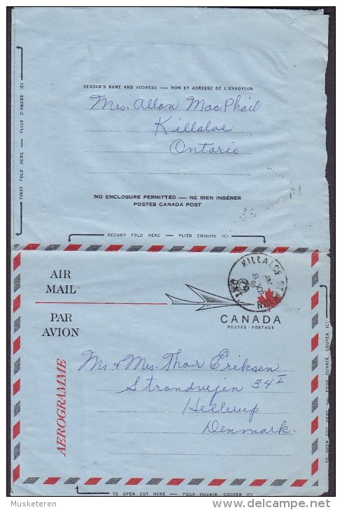 Canada Air Mail Par Avion Postal Stationery Ganzsache Entier Aerogramme KILLALOE STATION Ontario 1970 HELLERUP Denmark - 1953-.... Reign Of Elizabeth II