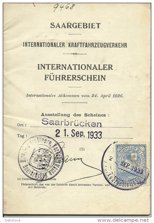 Saargebiet Internationaler Fuhrerschein Deutches Reich 1933 Saarbrucken - Non Classificati