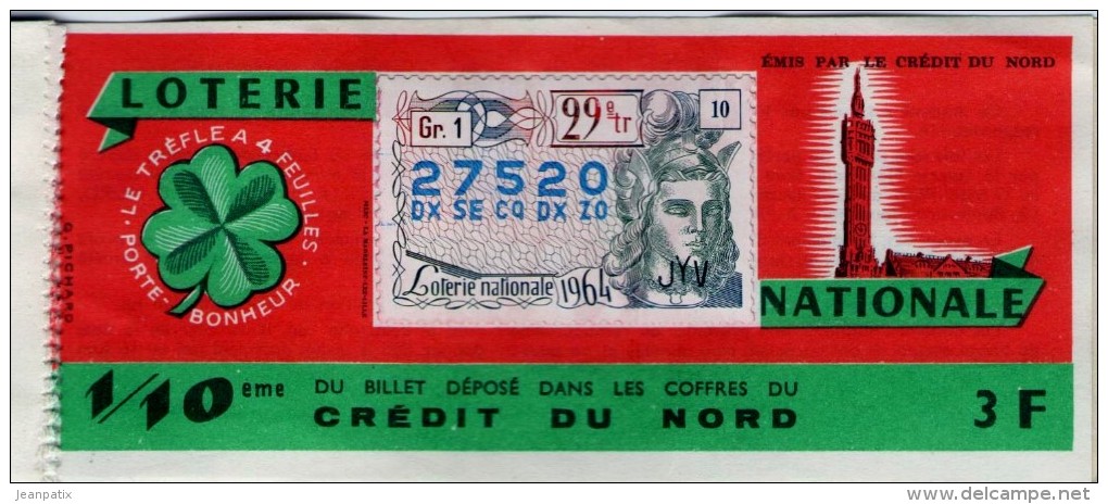 Billet De Loterie Nationale, Crédit Du Nord, 1964, (timbre 1964, 29ème Tranche) - Billetes De Lotería