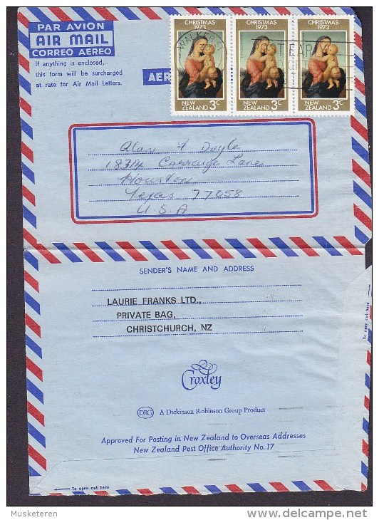 New Zealand Par Avion Air Mail Aerogramme WALKER ST. 1973 Cover Brief HOUSTON Texas USA 3-Stripe Madonna & Child - Corréo Aéreo