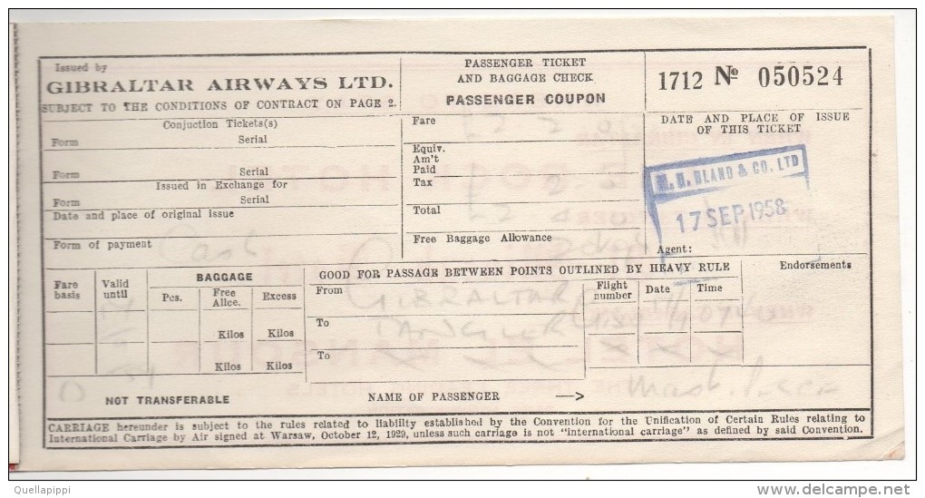 02320 "GIBRALTAR AIRWAYS LTD"  PASSENGER TICKET AND BAGGAGE CHECK 1958 - GIBRALTAR-TANGIER - Mondo