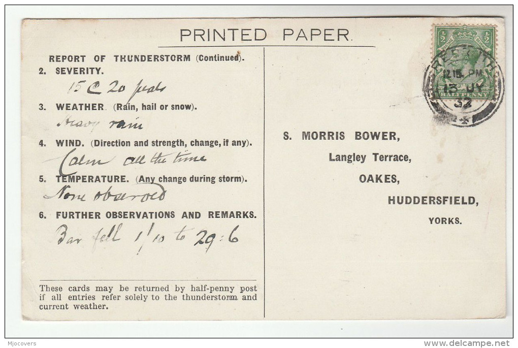 1932 REDRUTH Cds Pmk COVER Postcard METEOROLOGY Report  WEATHER STATION Re THUNDERSTORM Gb Gv Stamps - Covers & Documents