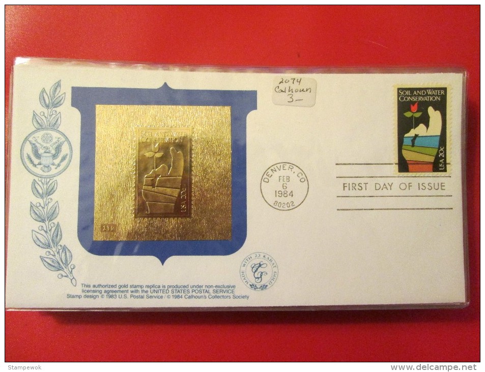 1984 USA - Scott # 2074 - Soil & Water Conservation Movement 50th Anniv. - Gold Replica FDC - 1981-1990