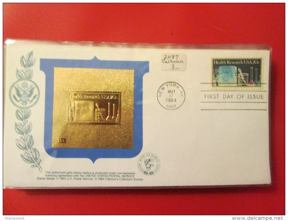 1984 USA - Scott # 2087 - Saluting Health Research - Gold Replica FDC - 1981-1990