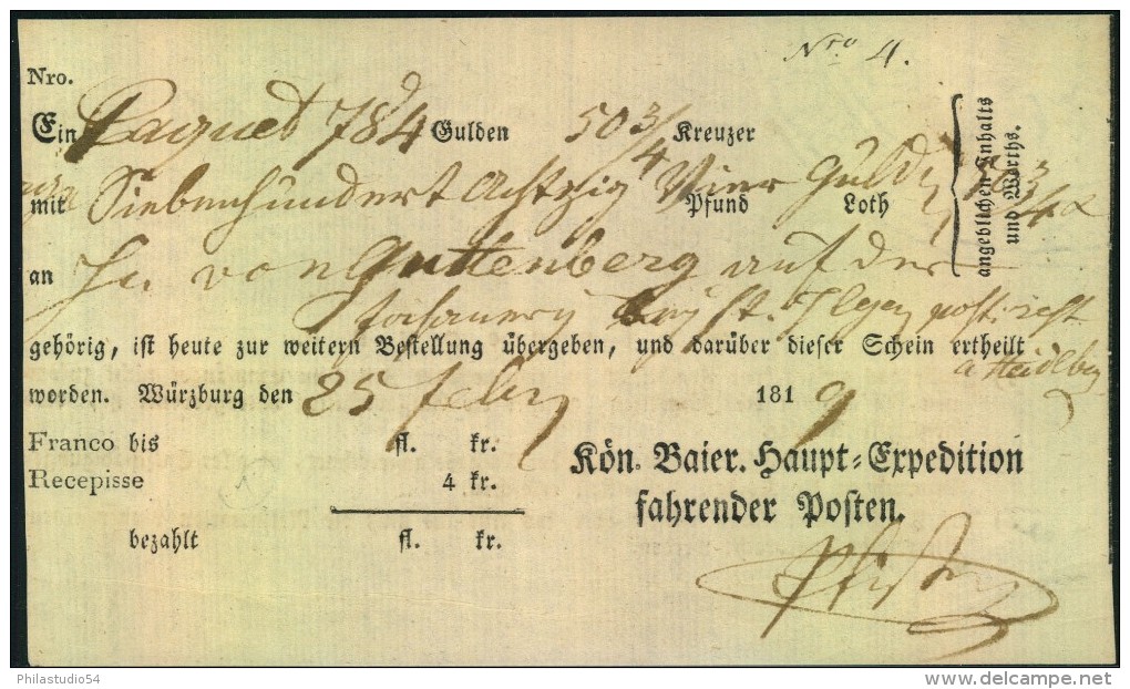 1819, Ortsdruck Fahrpost - Schein, WÜRZBURG - Vorphilatelie