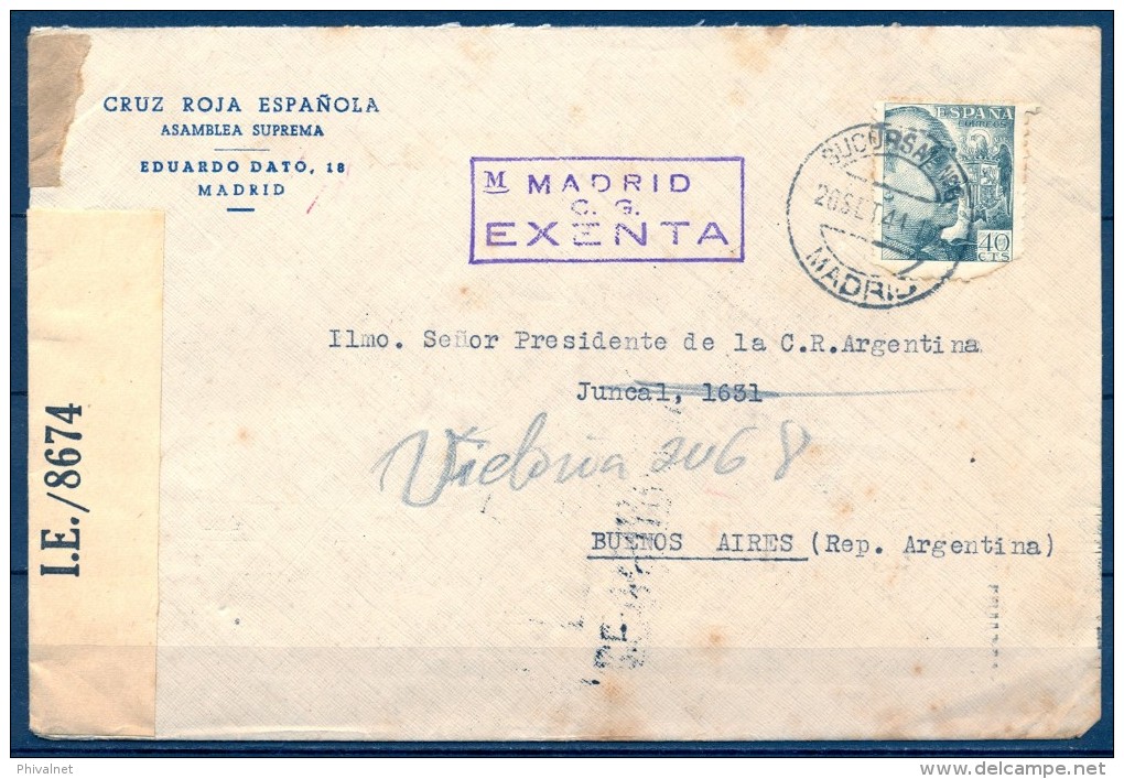 1944 , MADRID , CRUZ ROJA, CIRCULADO A BUENOS AIRES, BANDA DE CENSURA , MARCA  MADRID EXENTA Y CENSURA HELLER M 2.26 - Lettres & Documents