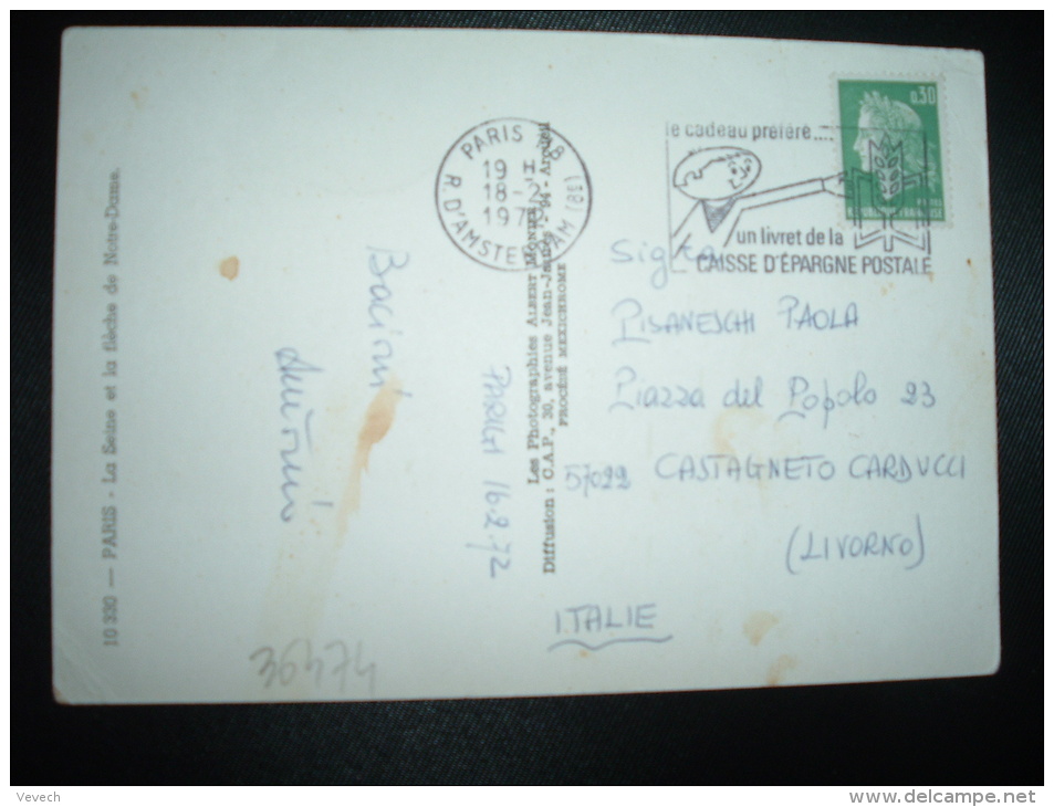 CP TP MARIANNE DE CHEFFER 0,30 Pour ITALIE OBL.MEC.18-2-1972 PARIS 118 (75) + INDEXATION BARRES VERTICALES - 1967-1970 Marianne Of Cheffer