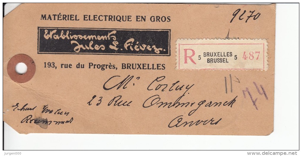 E181, Met Reclame Et. Jules L. Fievez, Materiel Electrique En Gros, Op Pakketlabel, Recommandé, RARE (07049) - ...-1959