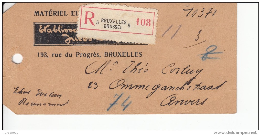 E181, Met Reclame Et. Jules L. Fievez, Materiel Electrique En Gros, Op Pakketlabel, Recommandé, RARE (07050) - ...-1959